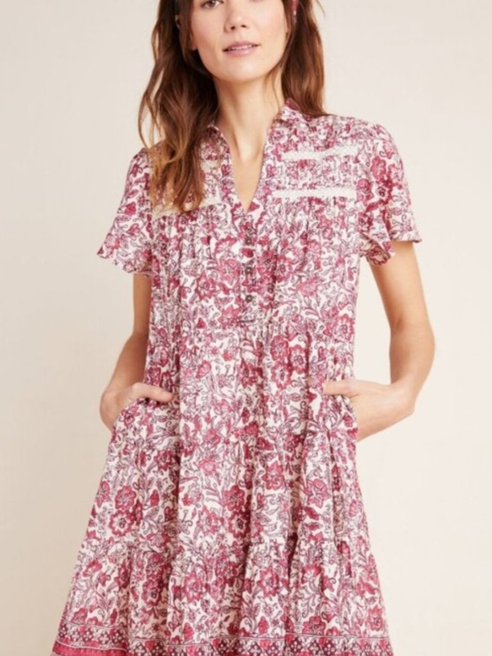Anthropologie Georgina Tiered Shirtdress Pink Floral Short-Sleeve size XS